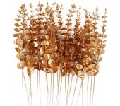24 Tallos de eucalipto Dorados Artificiales, decoración de Ramas de eucalipto de 14 pulgadas para jarrón