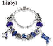 Classic Royal Blue Crystal Star Moon Beads Bracelet Dark Blue Enamel Murano Pendant Charm Bracelet & Bangle Mix Style Jewelry