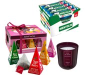 Pack relax: MENTOLIN EXTRA FUERTE S/A TUBO 12X20G + Vela perfumada en vidrio rosa de silicona 170 g + Caja de Té Joyfull con variedad de sabores