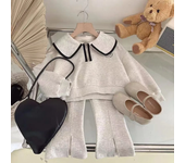 Baby Girls' Sweater Set Spring and Autumn Children's Korean Doll Neck Top+Split Flare Pants 2-PCS Kids Casual Clothing Set