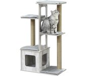 PawHut Árbol Rascador para Gatos 67x38,5x114 cm Torre de Escalada de Gatos con Cueva de Madera Múltiples Plataformas y Postes de Rascar de Yute Juego y Descanso Gris