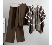 2025 New Knitted 3 Pieces Set Women Stripe Shawl + Half High Neck Full Sleeve Top + Wide Leg Trousers Fashion Style Suit