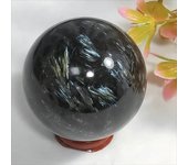 1Pc 0.44-1.1LB Large Astrophyllite Garnet Sphere With Wood Based Stand Crystal Quartz Collection Black Firework Reiki