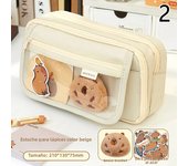 Large Capacity Pencil Bag Cute Capybara Stationery Holder Bag With Brooches Stickers Children Pen Case Animal Zipper Pouch