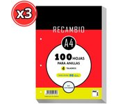Recambios de Hojas PACSA - Tamaño A/4 - 90g - 4 Taladros - 100/120 Hojas Cuadricula de 2x2 - 3x3 - 4x4 - 5x5 - PACK 3 UND