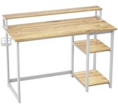 Escritorio de Ordenador con Soporte de Monitor, Escritorio de Oficina con Estantes de Almacenamiento Ajustables, Pequeño Escritorio Reversible para el Estudio, Beige