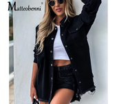 2024 Fall New Women's Long Sleeve Denim Shirt Fashion Ripped Mid-length Jeans Buttons Shirt Tops Boyfriend Loose Shirts