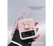 Cute Korean 3D Rhombus Bunny Rabbit Ring Solid Case with Beads Chain for Samsung Galaxy Z Flip 3 4 5G Z Flip3 Flip4 Zflip3 Cover