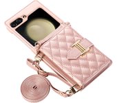 Crossbody Cards Slot Wallet Leather Case for Samsung Galaxy Z Flip 6 5 4 3 Flip5 Flip6 5G Lanyard Diamond Embossing Strap Cover