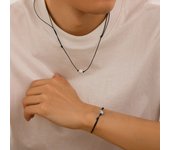 Ingemark 2Pcs Goth Simple Black Leather Wax Thread Chain Necklace Bracelet for African Men Stone Beads Choker Male Jewelry Set