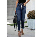 Women Casual Dark Blue Slim-Fit Jeans Single-Buttons Denim Pants with Pockets - Fashion Solid Color
