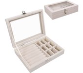Jewelry box with glass lid, 9-compartment jewelry box, travel flocked necklace, earrings, ring jewelry box, transparent jewelry storage box, beige