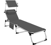 Tumbona Jardín Exterior de Aluminio, Tumbona Plegable con Reposacabezas, Parasol y Bolsillo Lateral, Tumbona Playa Reclinable en 6 Posiciones, Tumbona Piscina Resistente a Intemperie - Gris