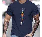 Men's 100% pure cotton summer loose size astronaut planet pattern print casual comfortable round neck short sleeved T-shirt top