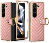 VIETAO Z Flod 6 5 4 3 Golden Plated Finger Ring Holder Kickstand Leather Mobile Phone Case Compatible With Galaxy Z Fold 6 5 4 3