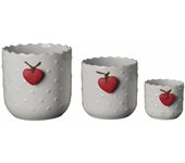 Conjunto de 3 floreros de cerámica blancos con colgante de corazón rojos. Medidas: 13x13, 11,5x11,5 y 6,5x6,5 cm. akihaydeto