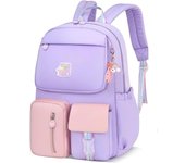 Mochila para niñas para la escuela, mochila para niños, mochila para estudiantes de primaria, mochila estética con colgante de margaritas, rosa y morado