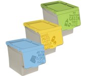 set Cubos de Basura de Reciclaje, Pack de 3 Cubos de Basura de Cocina, Cubo de Basura 30 Litros, Plástico, Sistema Apilable con Apertura Fácil, Ideal para Reciclar, 3 Colores