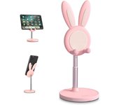Lindo soporte para teléfono, altura ajustable en ángulo, soporte para teléfono celular para escritorio, lindo soporte para teléfono con conejo, compatible con todos los teléfonos, iPhone, Samsung, Pixel, iPad, tableta (rosa) -