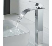 Grifo para lavabo en Cascada alta y Moderna, Grifo para baño en Cascada de Diseño Elega, mezclador monomando lavabo en alta para baño, Agua fría y Caliente disposable, Grifos en Cascada cromados