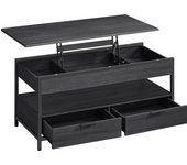 Mesa de centro elevable con almacenamiento, cajones, compartimentos ocultos y estante abierto, marrón rústico y negro