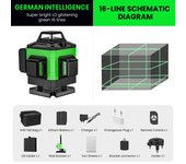 Nivel láser verde 4D de 16 líneas ±3° Alcance de 200 pies Precisión ±1/9 pulg. Recargable por USB Con receptor Alcance de 200 pies IP54 Resistente al polvo y al agua Para niveles láser de construcción de edificios