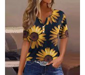 Fashion Women's Summer T-Shirts Sunflower Printed Loose Casual Short Sleeve TShirts Button V-Neck Basic Tops Ropa Para Mujer