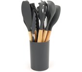12Pcs Utensilios De Cocina De Silicona Con Cuchara Y Pala De Sopa Herramientas De Cocina Ecológicas Con Cesta De Almacenamiento Mano De Madera Antideslizante