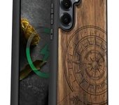 Funda magnética de madera para Galaxy S25+ y Samsung S25 Plus, carcasa de TPU a prueba de golpes con grabado de madera, compatible con cargadores inalámbricos MagSafe (La Brújula Incompleta) en nogal.