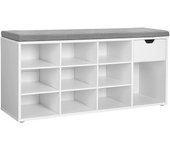 Banco para zapatos con asiento acolchado, cajón y compartimentos abiertos, para entrada y dormitorio, blanco, 104x30x48 cm