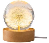 Bola de cristal con luz nocturna, bola de cristal brillante 3D con forma de diente de león, flor preservada con base de madera para decoración del hogar, lámpara de noche con forma de bola para cumpleaños, bodas, San Valentín, día del padre (A)