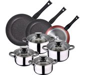 Pack de 3 sartenes ø20/24 y 28 cms + batería de cocina 8pc en acero inoxidable – SAN IGNACIO