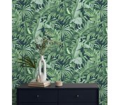 Papel pintado lavable de hojas tropicales verde fondo azul oscuro - Maldivas Tropical 682358 de GAULAN - Rollo de 10 m x 0,53 m