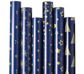 Paquete de rollos de papel para envolver regalos de Navidad, reciclable, 10 rollos de papel para envolver regalos de Navidad, diseño azul marino y dorado, para decoración de fiestas