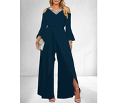 Women's L-3XL Plus Size Spring/summer Split Sequin Solid V-neck Jumpsuit Wide Leg Pants Elegant Loose Flared Sleeves Jumpsuit