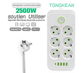 Regleta Eléctrica, Bloque de 6 Enchufes 2500W 10A 230V con 4 Puertos de Cargador (4 USB A + 1 USB C) Protector contra Sobretensiones de Enchufes Múltiples y Protector contra Sobretensiones con Interruptor Cable de 2m-Blanco