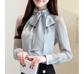 New Summer Fashion Tunic Women Blouse 2024 Long Sleeve Woman Tops Tie Bow Chiffon Women's Shirts Office Lady Clothes 0599