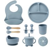 Vajilla de Bebé Silicona, 10 piezas Juegos de vajilla infantil, Cubiertos con plato ventosa, Plato Bebe Ventosa,Tenedor con mango de madera, bebe de silicona, Babero Set vajilla silicona bebe