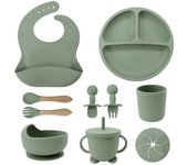 Vajilla Infantil de silicona 10 piezas Vajilla Infantil with Sucker Cuaderno Sucker Plato Infantil mango de Madera EDOR babero Infantil de silicona juego de vainilla Infantil de silicona