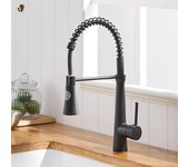 Grifo de Cocina Negro con Muelle en Espiral, Rotación de 360 °, Monomando, Grifo Mixto Caliente y Frío