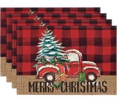 Juego de 4 manteles individuales navideños con diseño de camión a cuadros rojos y negros, para decoración de fiestas y cocinas
