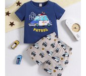 2pcs Boys Kids Casual Police Car Graphic Print T-shirt & Shorts Set Clothes For Summer