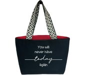 Hello-Bags. Bolso de loneta premium para mujer.  Mod. YOU WILL NEVER. Incluye cremallera exterior, bolsillo interior con cremallera y forro de loneta rojo.  Empaquetado para regalo.  Color: Crudo / Negro. Medidas: 50x30 cm.