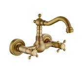 Classic Brass Wall Mounted Faucet, Double Handle, Holes, Cold & Hot Water Faucets, Rotary Kitchen Mixer Faucet
