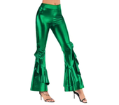 Women Shiny Flare Trousers Laser Metallic Wetlook Ruffle Wide Leg Pants Retro 70s Disco Hippie Club Trousers Skinny Bell Bottoms