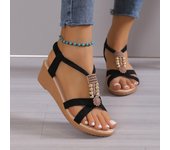 New summer versatile handmade beaded mid-heel wedge heel flat open-toed sandals