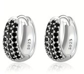 Pendientes de aro decorados con circonita negra de plata esterlina 925, joyería vintage retro elegante, pendientes huggie para d