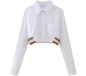 OUWU-  Camisa Corta Con Solapa Blanca Y Cinturón único Para Mujer, Ropa De Moda De Estilo Transfronterizo Europeo Y Americano, Novedad De Primavera De 2025