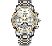 Boda berenjena nuevo impermeable multifunción reloj mecánico automático para hombres reloj luminoso hueco calendario de acero inoxidable para hombres con