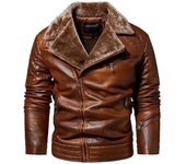 Warm Winter Men's Leather Jacket with Fur Collar Thicken Fleece Motorcycle Coat Casual Faux Leather Locomotive Jacket